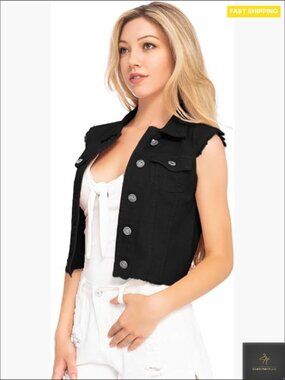Distressed Denim Button Up Sleeveless Crop Vest Classic Y2K Edgy Vest